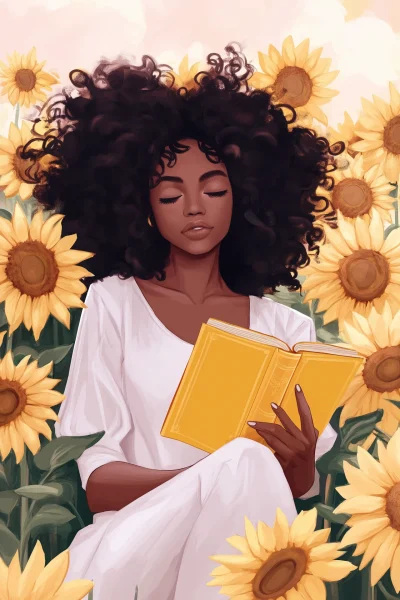 Woman with Book and Sunflowers