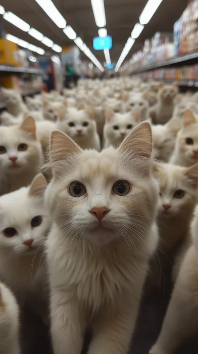 Thousand White Cats in Supermarket