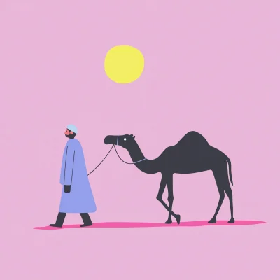 Silhouette of a Man Walking a Camel