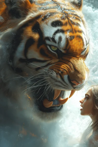 Roaring Tiger with Woman’s Face