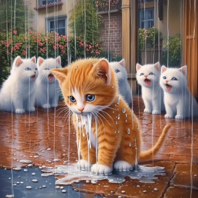 Sad Orange Cat in the Rain