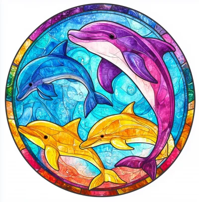 Swimming Dolphins in Stained Glass