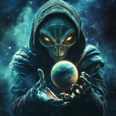 Alien in Space Holding a Planet