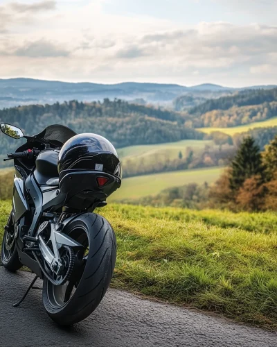 Sport Bike and Helmet in Scenic Europe