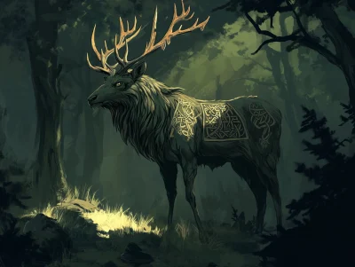 Celtic Rune Deer in Dark Forest