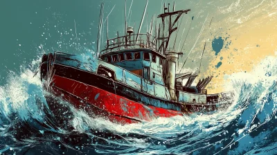 Industrial Fishing Trawler in Rough Seas