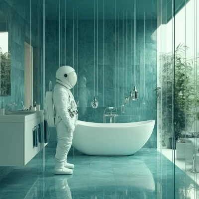 Futuristic Cosmonaut in Modern Bathroom