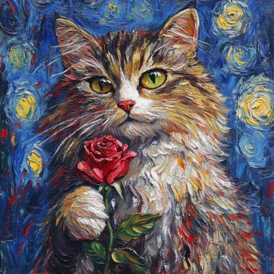 Fluffy Cat with Rose