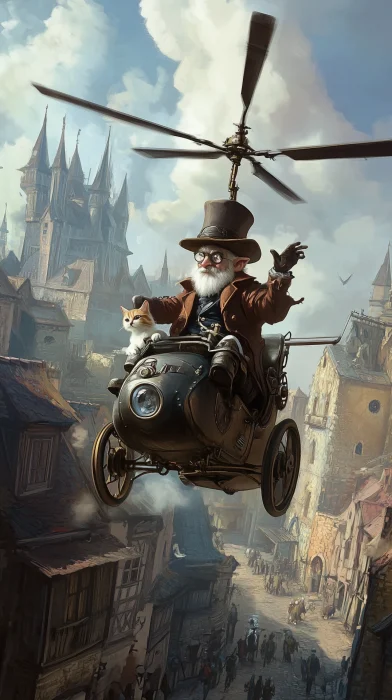 Cheerful Old Man in Steampunk Helicopter