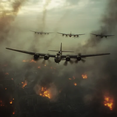 Bomber Fleet Over Burning City