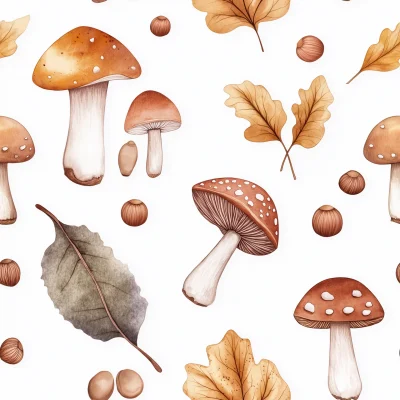 Cute Watercolor Mushrooms and Leaves