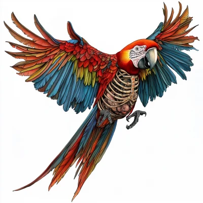 Flying Macaw with a Skeleton