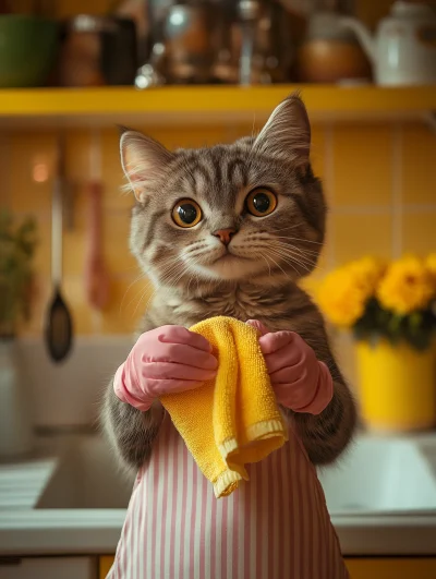 Cat Cleaner in a Bright Kitchen