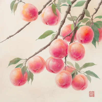 Traditional Water Ink Painting of Peaches