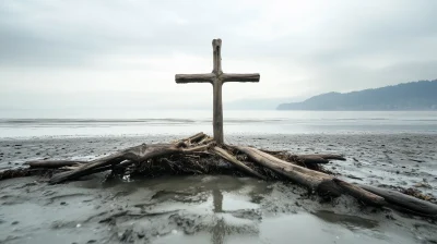 Driftwood Cross on Beach