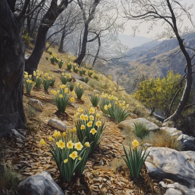 Sunny Mountain Slope with Daffodils