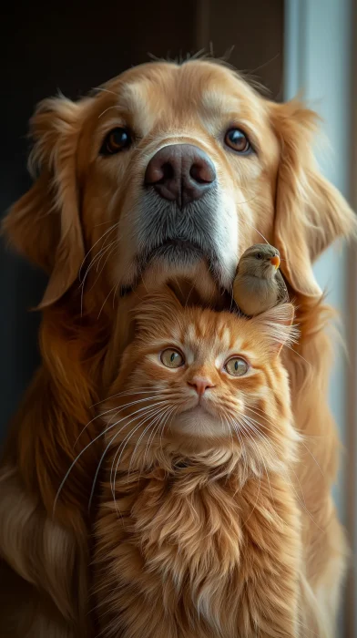 Portrait of a Cat, Dog, and Budgie