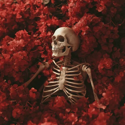 Skeleton in Red Flowers