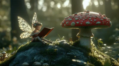 Fairy Reading on a Mushroom