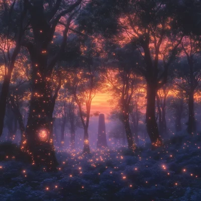 Eerie Sunset in Ancient Forest