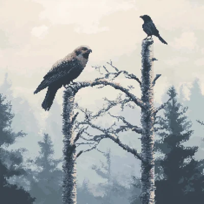 Falcon and Crow on Birch Tree