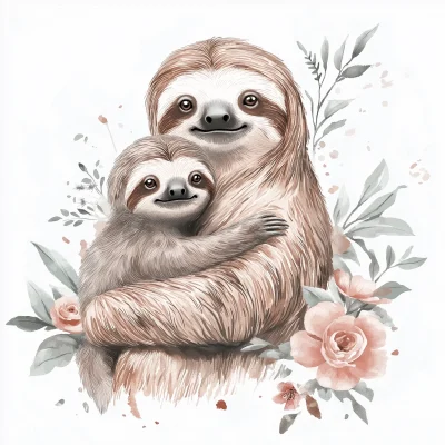 Cute Sloth Mother and Baby