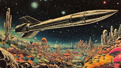 Retro Spaceship Over Alien Landscape