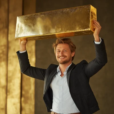 Confident Businessman with Gold Bar