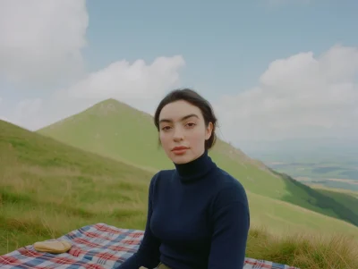 Woman on Tartan Blanket in Countryside