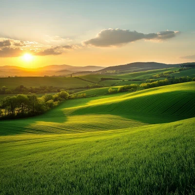 Colorful Sunset Over Green Fields