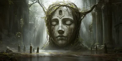 Ancient Stone Head in Swamp