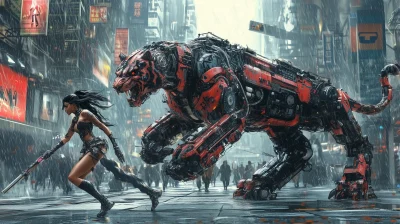 Cyberpunk Warrior and Robot Tiger