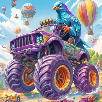 Cheerful Pigeon Driving a Monster Truck