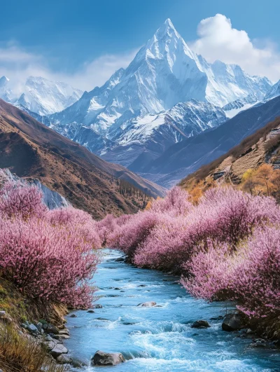 Himalayan Peaks and Peach Blossoms