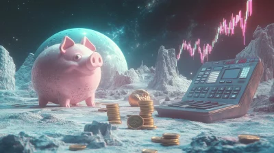 fantasy alien planet with piggie bank moon