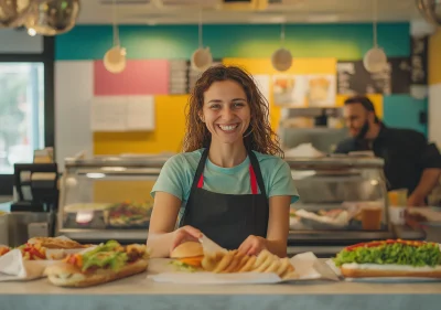 Cheerful Cashier at Fast Food Bar