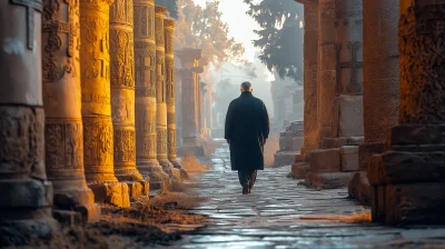 Pastor Walking Along Ancient Stones