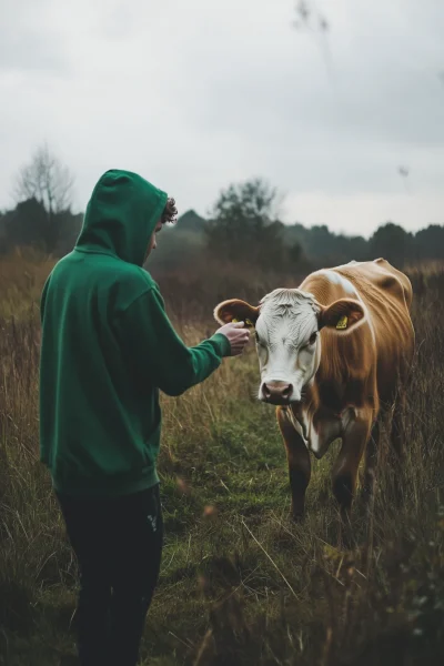 Man Interacting with Cow