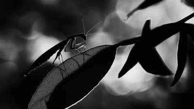 Mantis Silhouette on Acacia Leaf