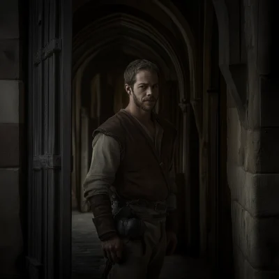 Man at Medieval Castle Doorway