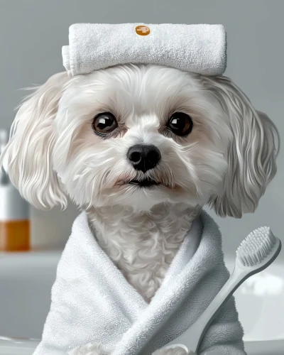 Dapper Maltese in Bathrobe