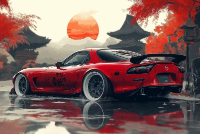 Dark Red Mazda RX7 with Rising Sun