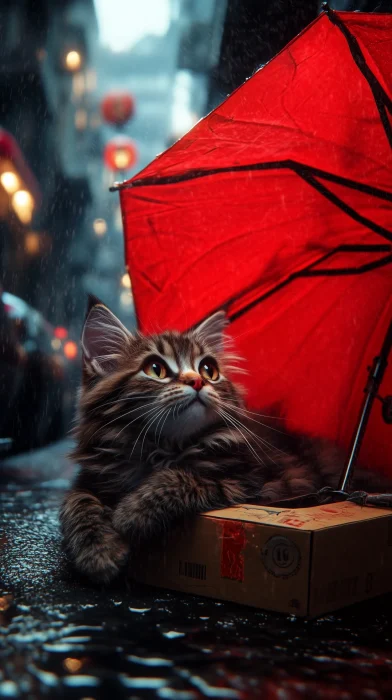 Red Umbrella and Kitten