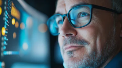 Smiling man in office with city view