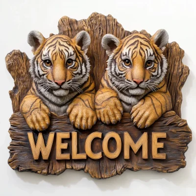 Wooden Welcome Sign with Tiger Cubs