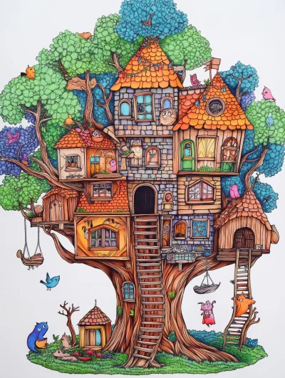 Whimsical Tree House Doodle