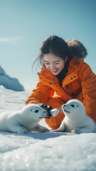 Woman Feeding Baby Seals