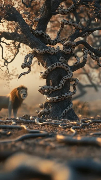 Eerie Tree with Snakes and Lion