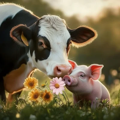 Cute Animals Sharing Flowers