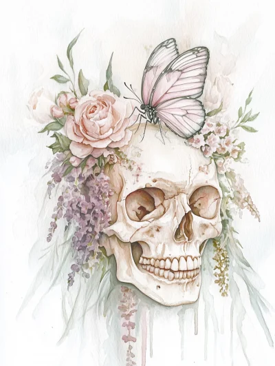 Watercolor Skull with Flowers